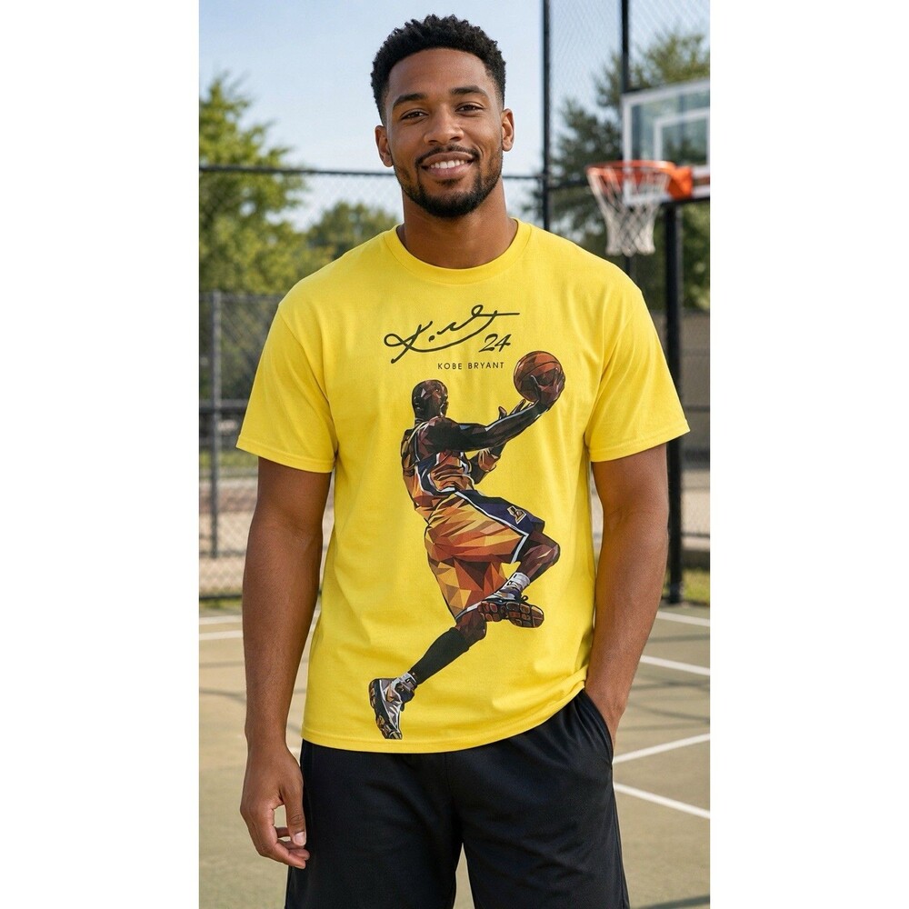 Kobe Bryant 24 Men’s Large Yellow Graphic Basketball T-Shirt Front Back Print